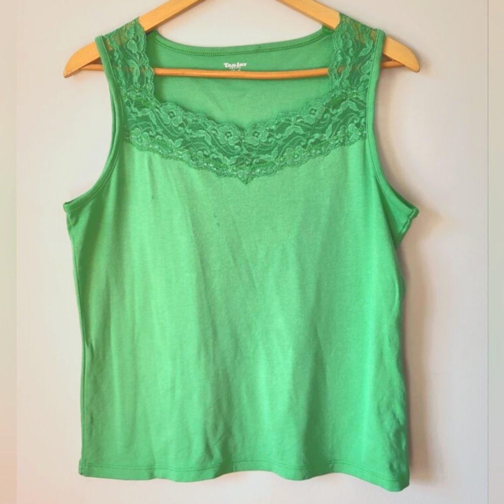 TANJAY Green Lace Trim Cotton Tank Top